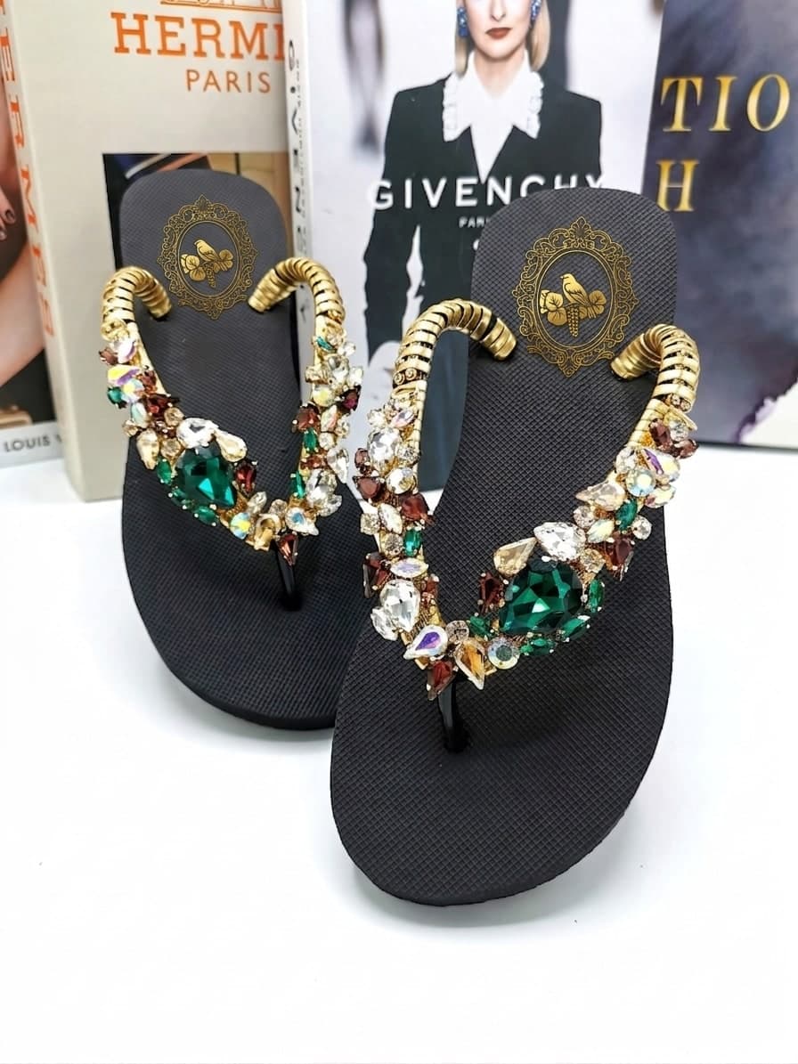 Emerald Jewelled Flip-Flops (Black)